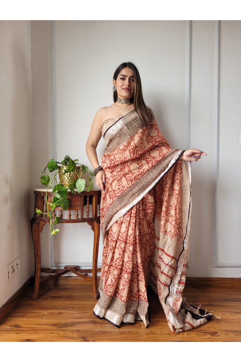 Bagru Kalamkari Print Linen Sarees - Hand Block Printed