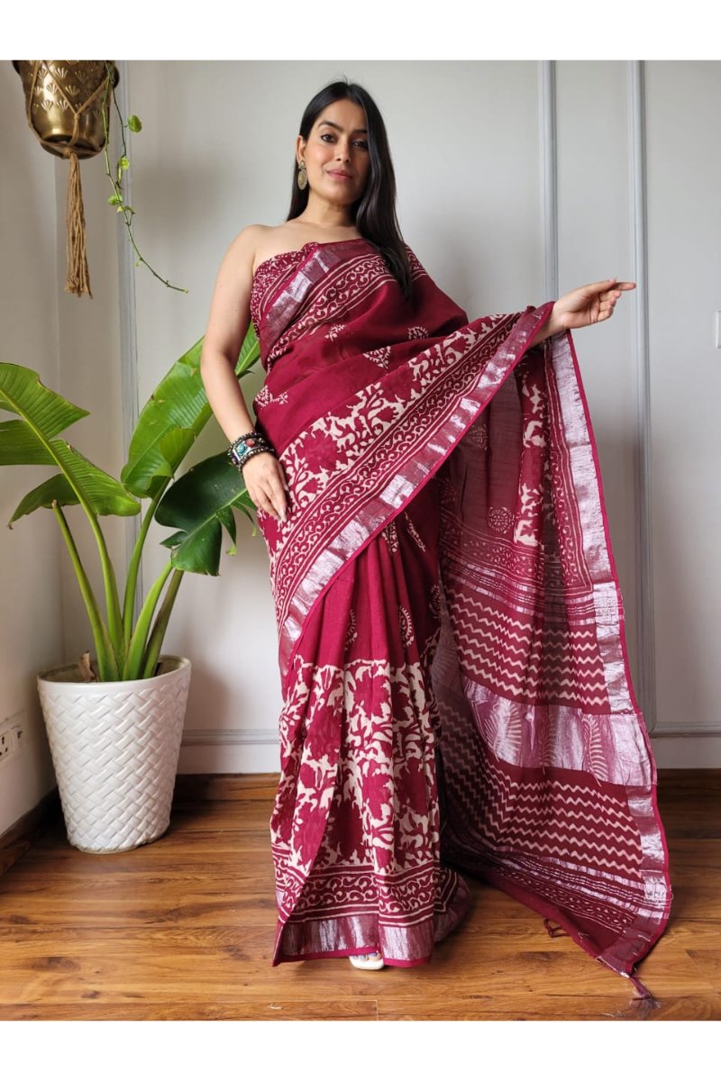 Dabu Hand Block Print Linen Sarees - Natural Dyes
