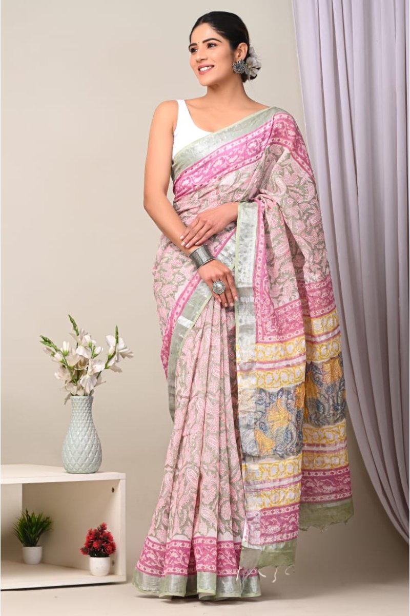 Floral Print Hand Block Printed Linen Sarees