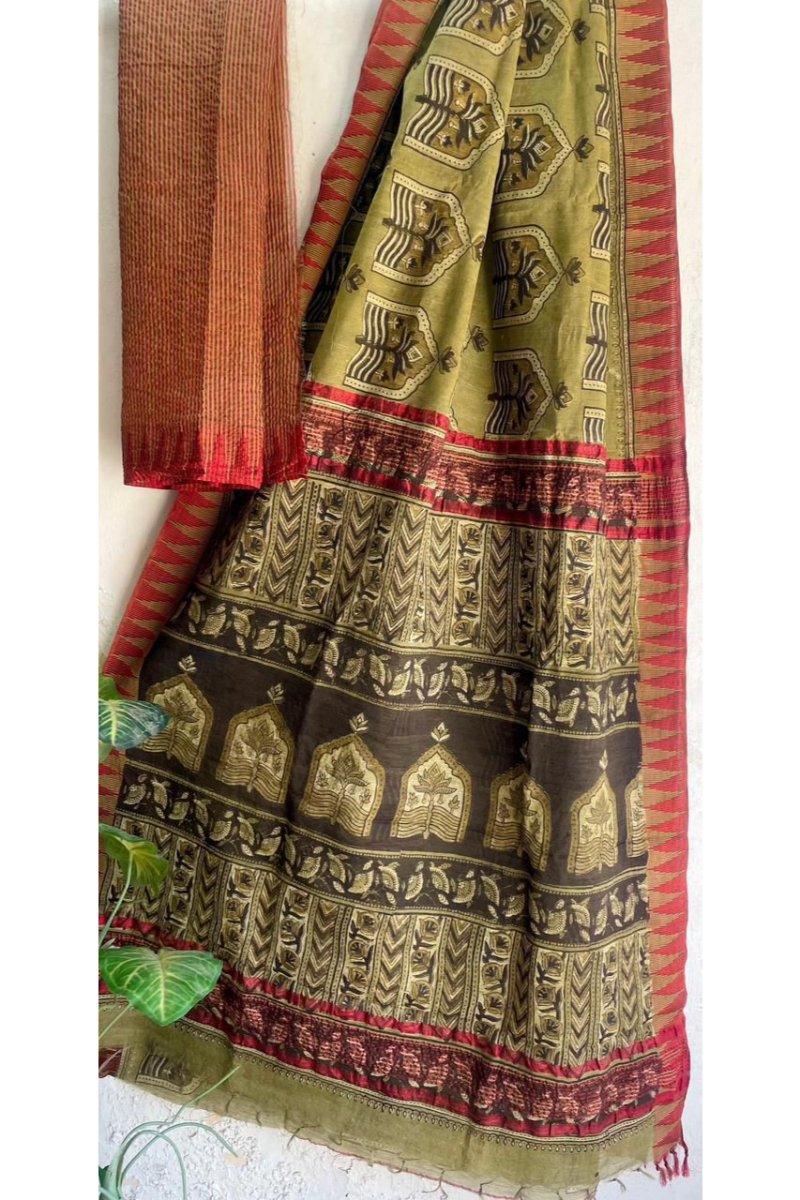 Ajrakh Print Linen Temple Border Sarees - Hand Block Printed