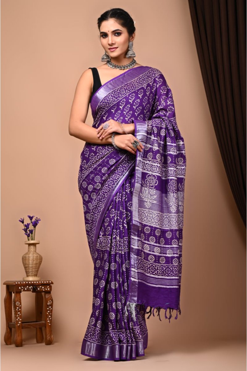 Bahgalpuri Hand Block Printed Linen Sarees