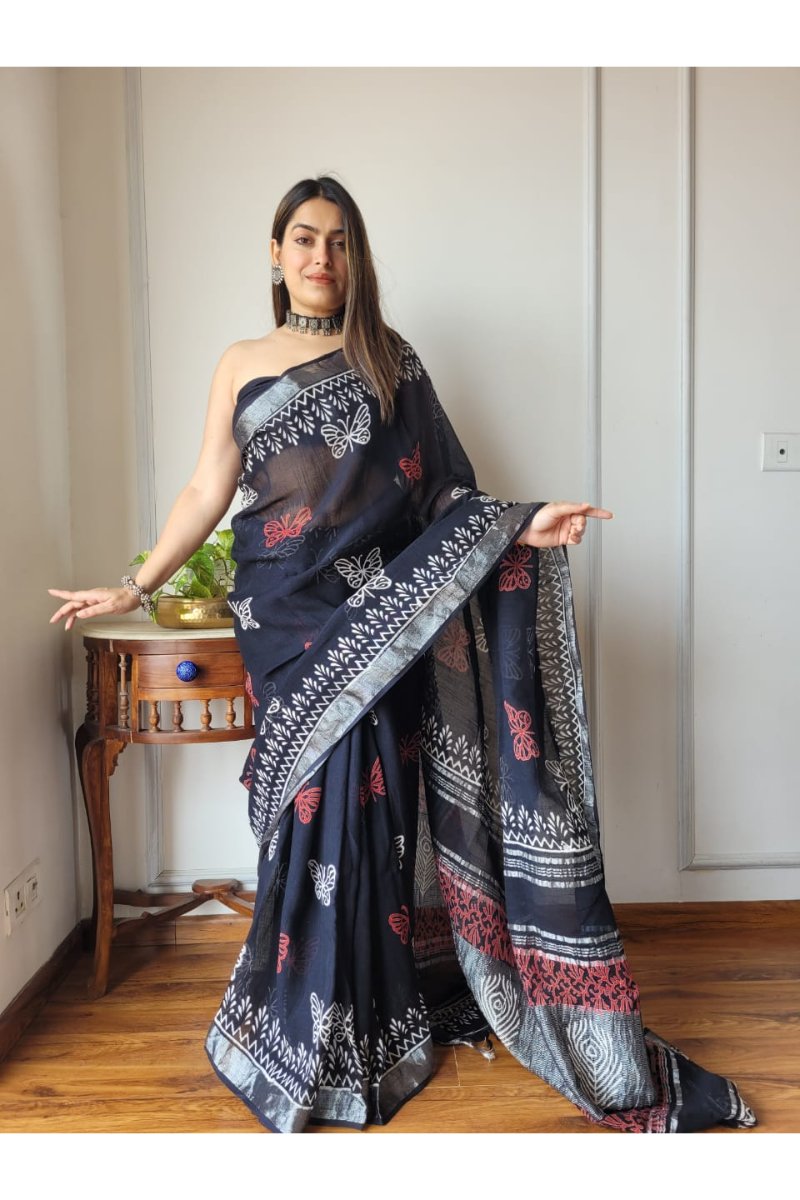 Black and White Hand Block Printed Linen Sarees