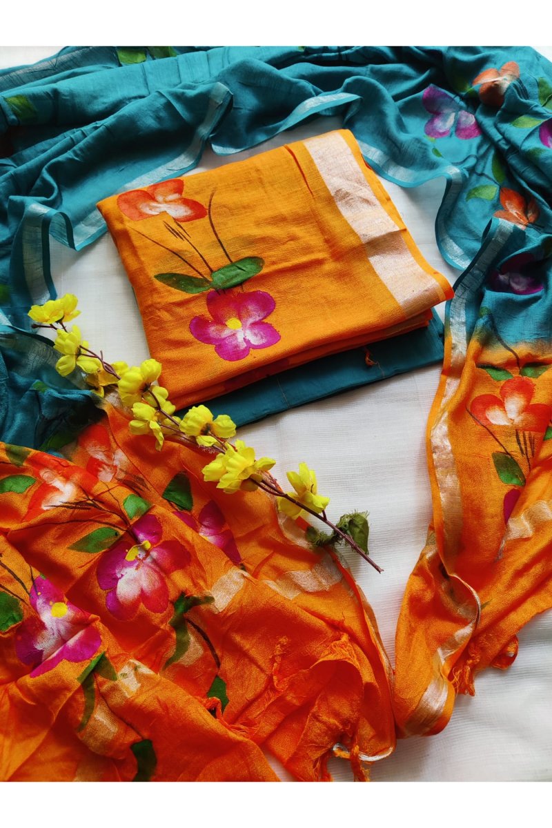 Floral Print Linen Suit Material - Hand Block Design