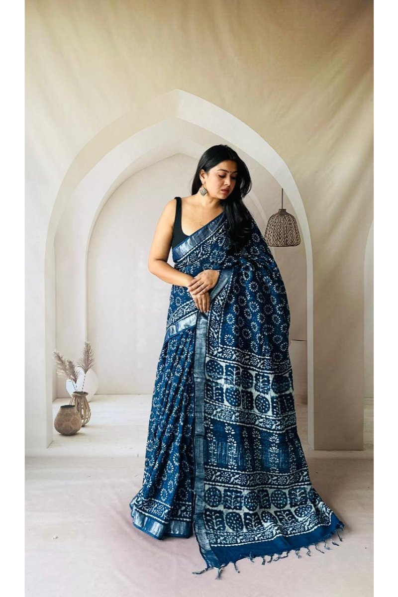 Indigo Dabu Print Linen Saree - Natural Dye