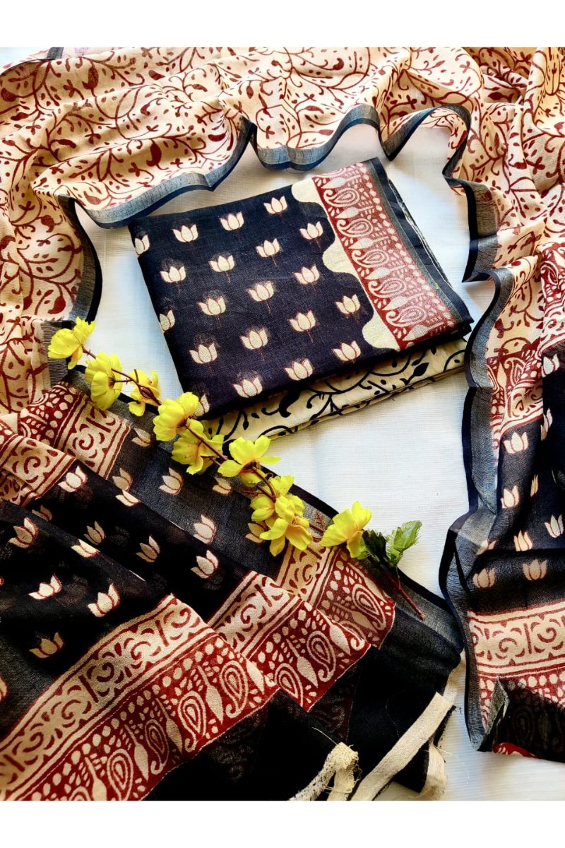 Linen Ladies Suit Material - Hand Block Printed