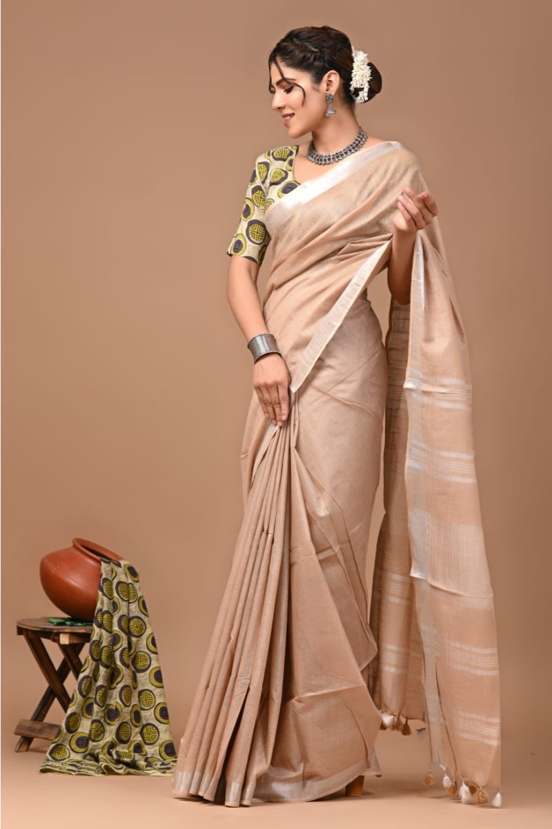 Plain Chiku Color Linen Saree - Solid Fabric