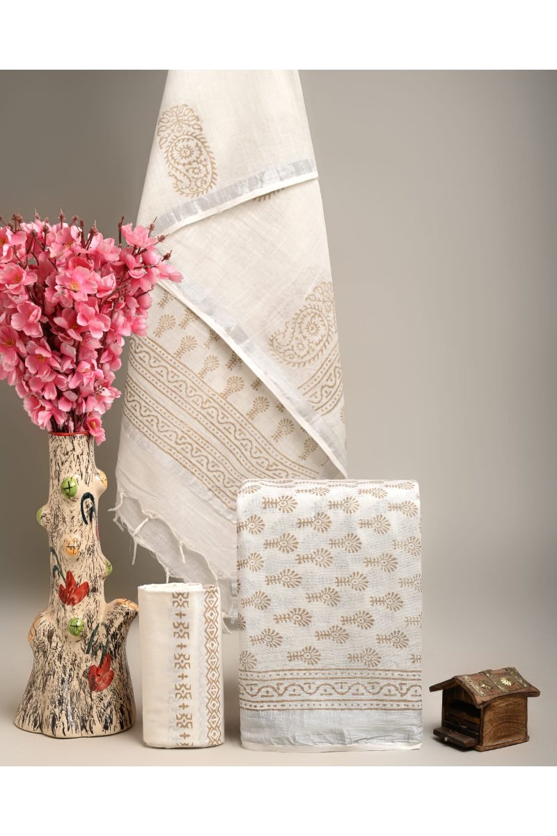 White Linen Suit Fabric for Ladies - Hand Block Printed